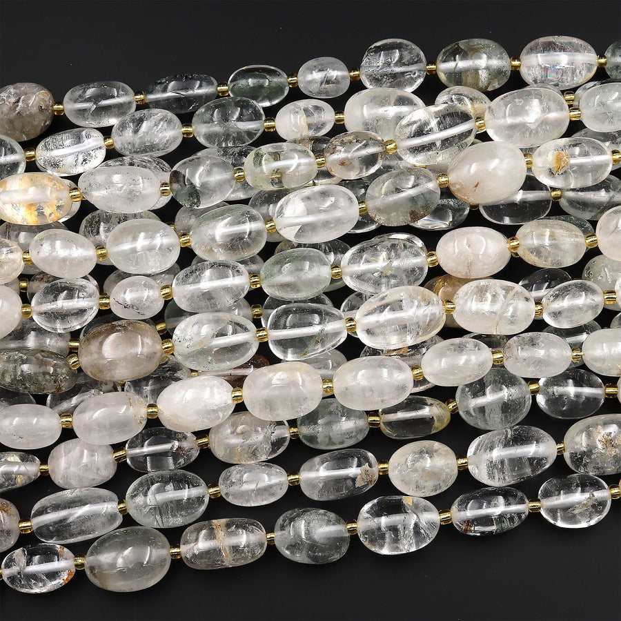 Natural Phantom Quartz Freeform Oval Pebble Nugget Beads Gemstone 15.5" Strand