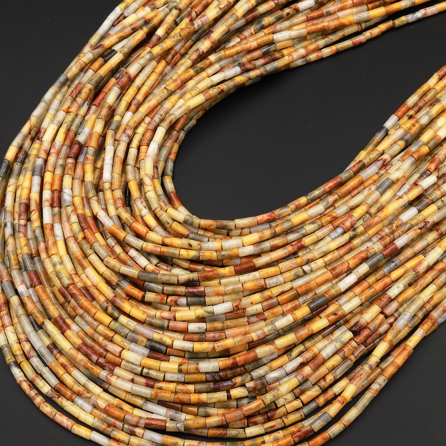 AAA Natural Yellow Crazy Lace Agate 4x2mm Small Thin Smooth Spacer Tube Beads 15.5" Strand