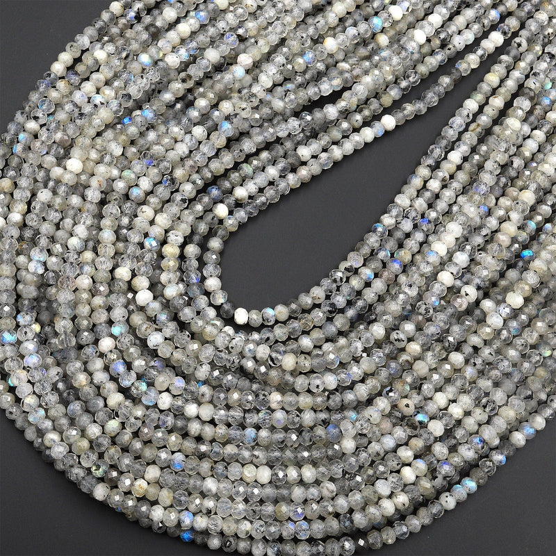 Faceted Natural Labradorite 3mm Rondelle Beads Micro Cut Gemstone 15.5" Strand