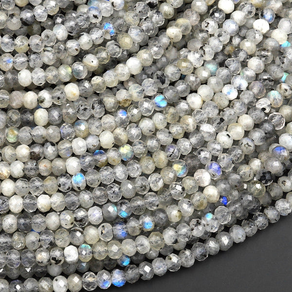 Faceted Natural Labradorite 3mm Rondelle Beads Micro Cut Gemstone 15.5" Strand