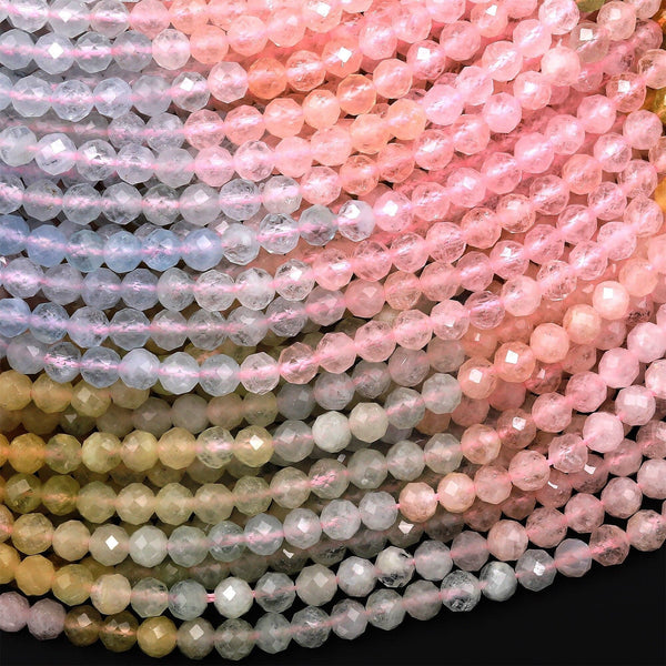 AAA Translucent Faceted Pink Morganite Blue Aquamarine 4mm Round Beads Micro Diamond cut Gemstone 15.5" Strand