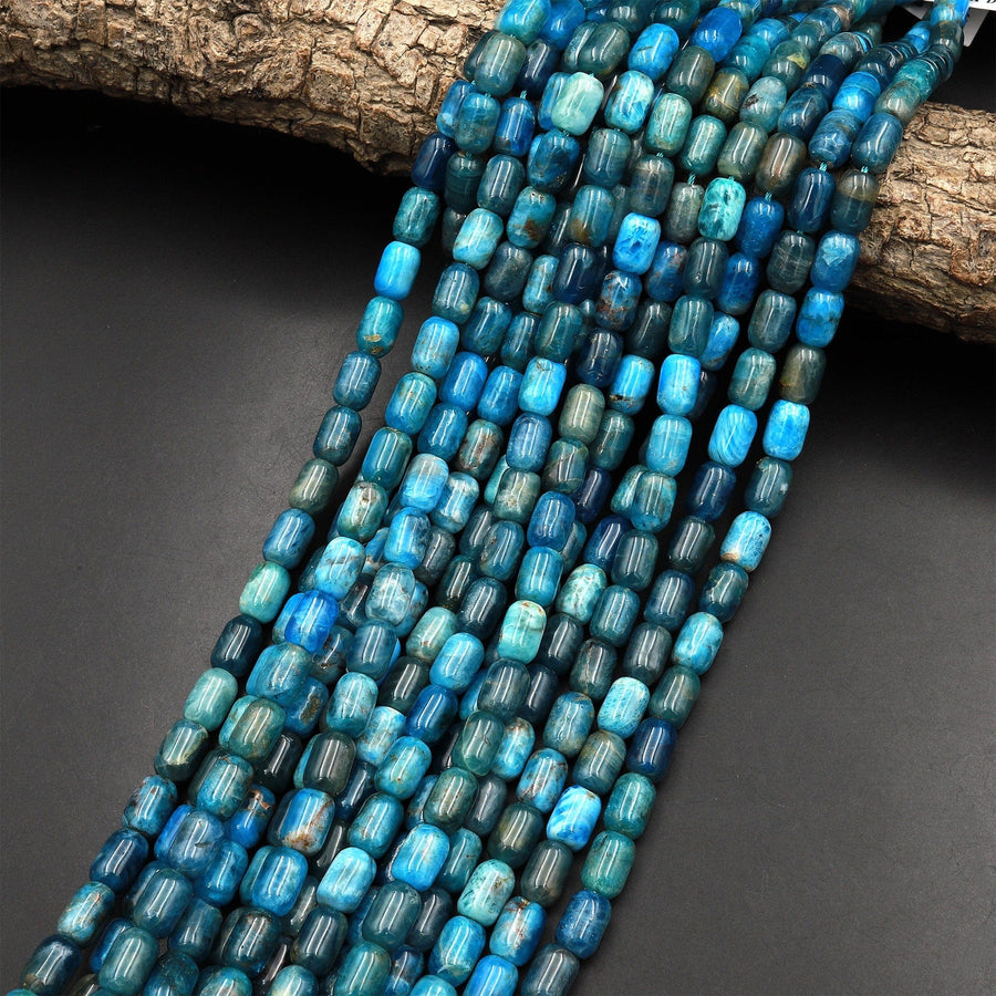 Natural Teal Blue Apatite Smooth Tube Cylinder Beads 15.5" Strand