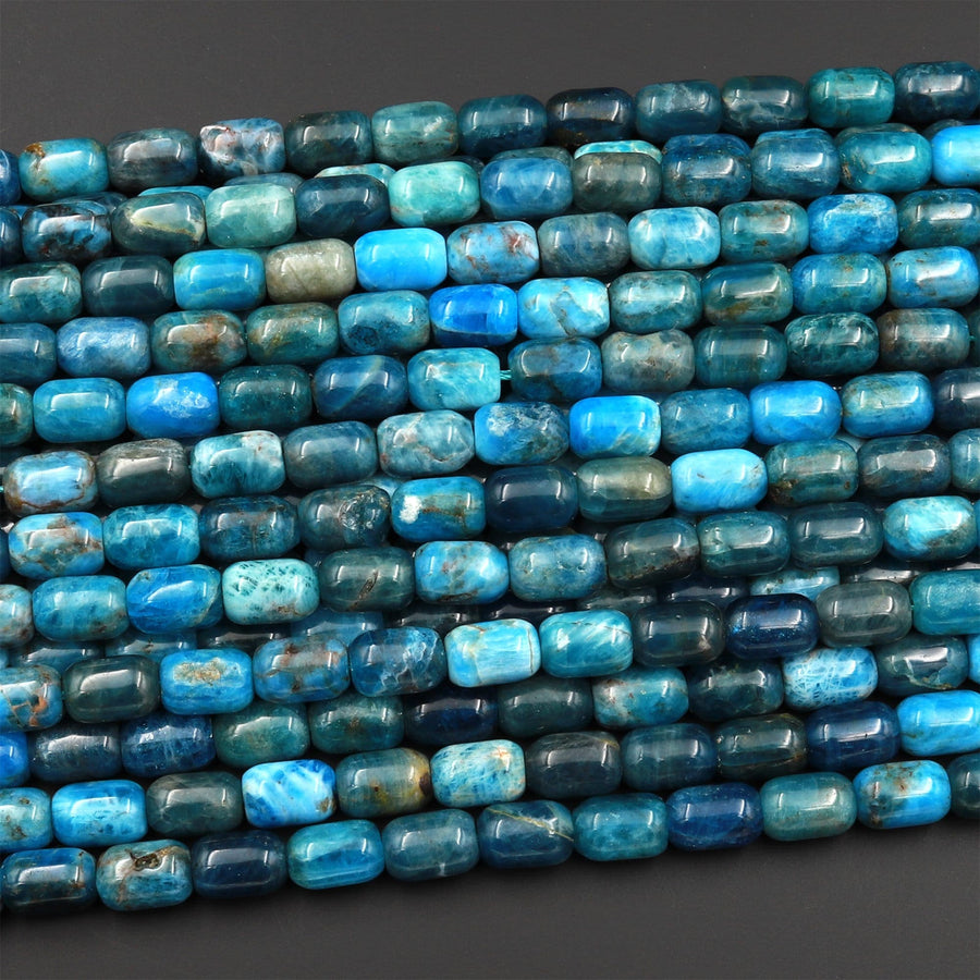 Natural Teal Blue Apatite Smooth Tube Cylinder Beads 15.5" Strand