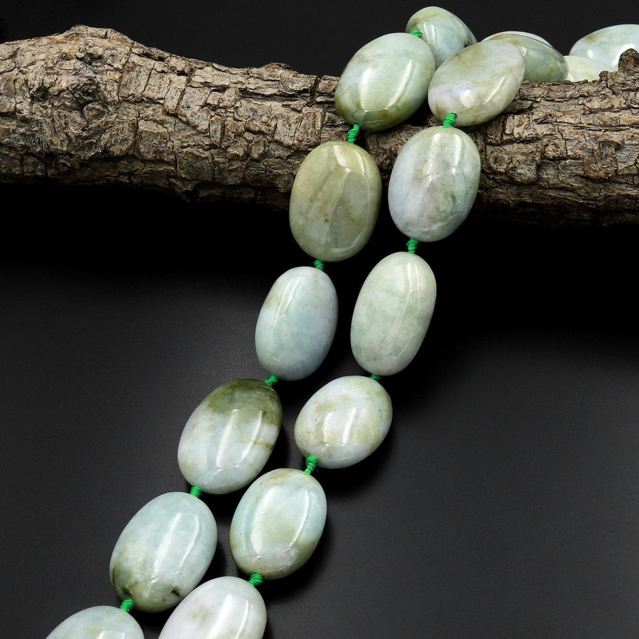 AAA Large Natural Burmese Jade Puffy Thick Oval Beads Real Genuine Natural Green Burma Jade Gemstone 18" Strand