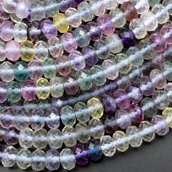 Natural Multicolor Fluorite Faceted 6mm Rondelle Beads Micro Laser Cut Purple Green Honey Yellow Gemstone Bead 15.5" Strand