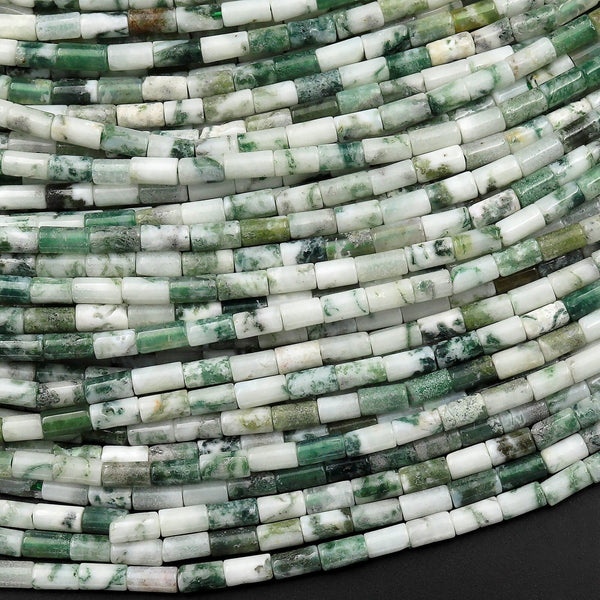 Natural Green Tree Agate 4x2mm Small Thin Smooth Spacer Tube Beads 15.5" Strand
