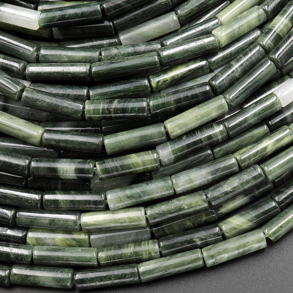 Natural Green Quartz Thin Long Tube Beads 14mm 15.5" Strand