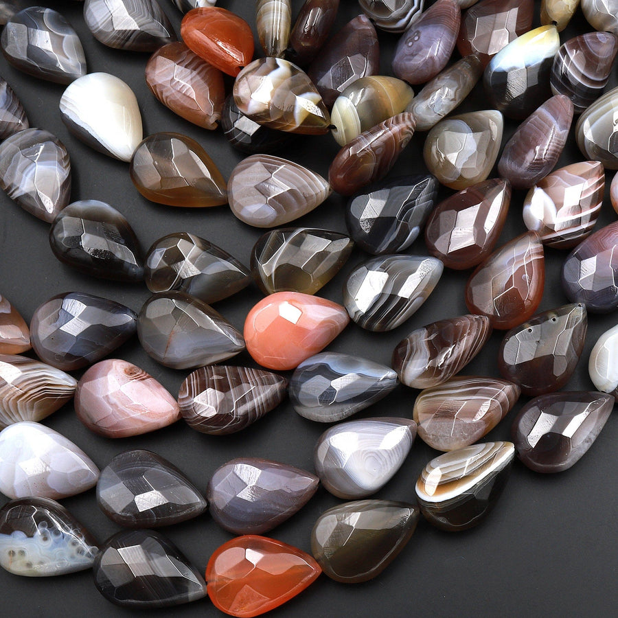 AAA Faceted Natural Botswana Agate Teardrop Beads Vertically Drilled 15.5" Strand