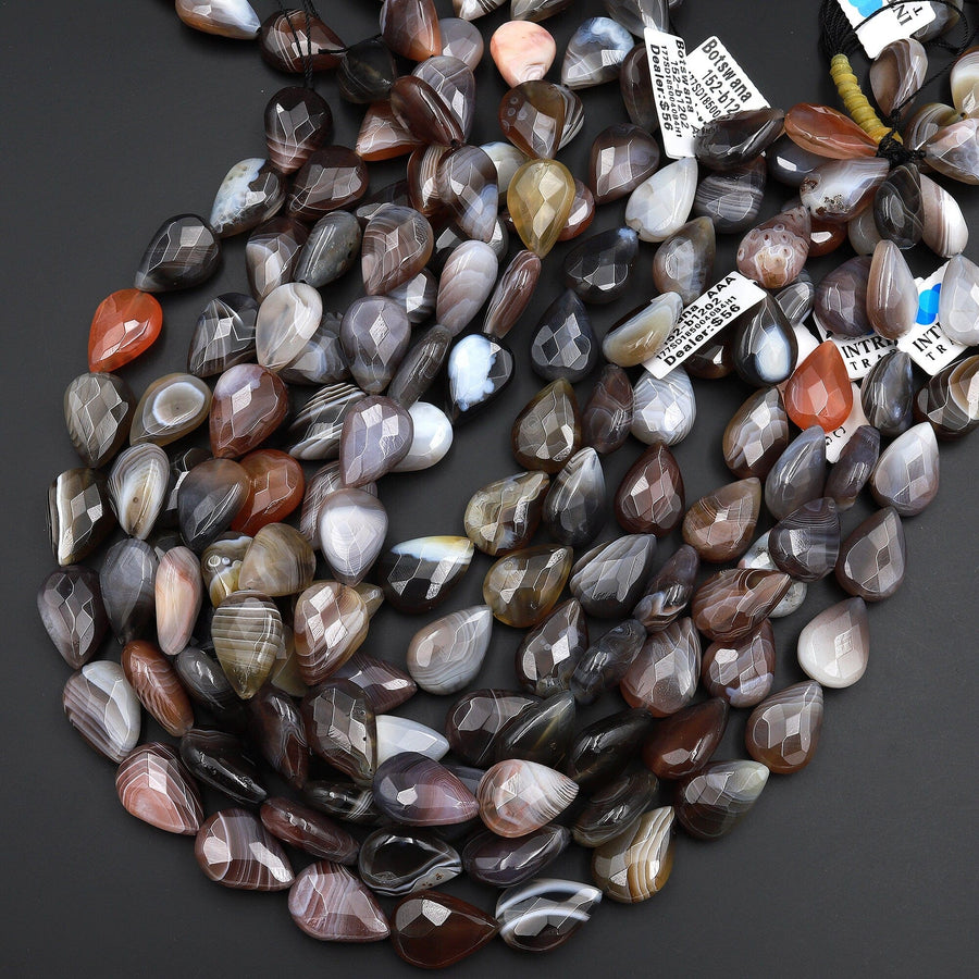 AAA Faceted Natural Botswana Agate Teardrop Beads Vertically Drilled 15.5" Strand