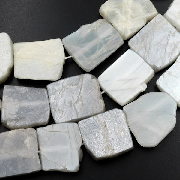 Large Natural White Moonstone Slice Beads Raw Smooth Slab Center Drilled Gemstone 15.5" Strand