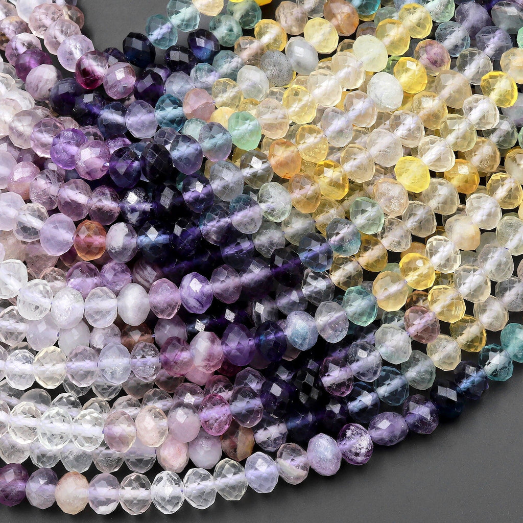 AAA Natural Multicolor Fluorite Faceted 6mm Rondelle Beads Micro Laser Cut Purple Yellow Green Blue Gemstone Bead 15.5" Strand