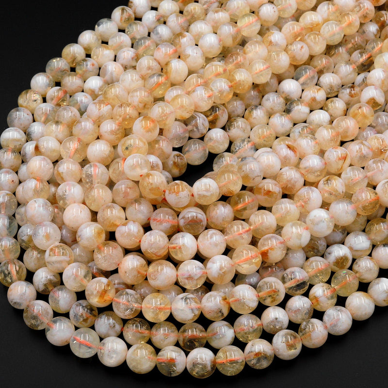 Natural Golden Yellow Citrine 6mm 8mm 10mm 12mm Smooth Round Beads W White Quartz Matrix Gemstone 15.5" Strand