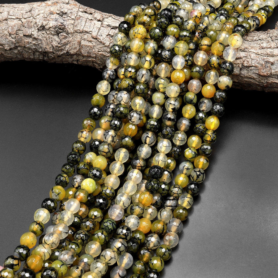 Faceted Lemon Yellow Green Black Dragon Vein Agate Beads 8mm Round Cracked Fire Agate 15.5" Strand