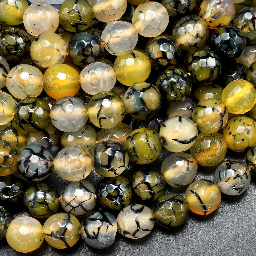 Faceted Lemon Yellow Green Black Dragon Vein Agate Beads 8mm Round Cracked Fire Agate 15.5" Strand