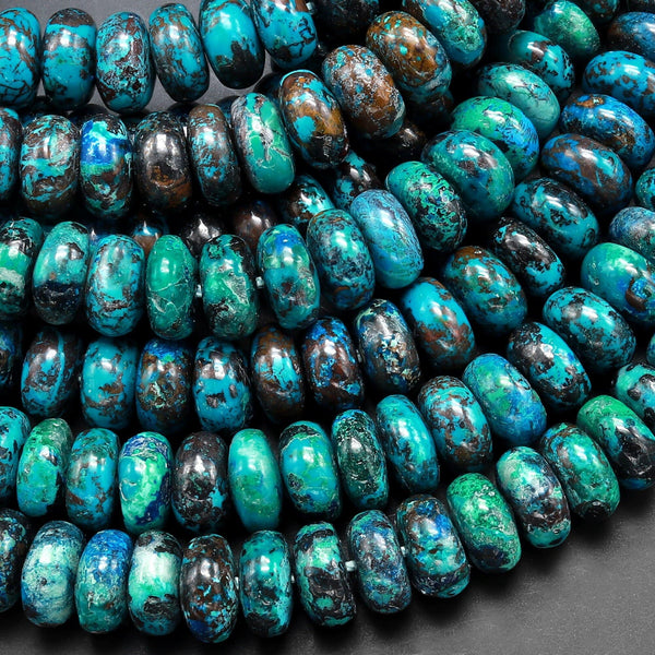 Rare Natural Shattuckite Smooth Rondelle 8mm Beads Natural Chrysocolla Azurite Gemstone from Arizona 15.5" Strand
