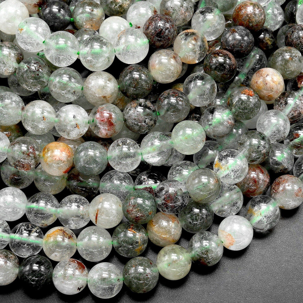 Natural Phantom Quartz Beads Lodolite Beads 4mm 6mm 8mm 10mm Green Brown Minerals Matrix 15.5" Strand