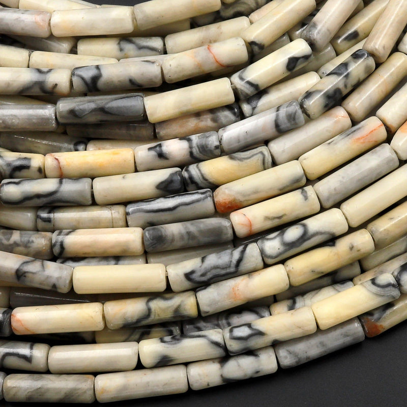 Natural Yellow Crazy Lace Agate Thin Long Tube Beads 14mm 15.5" Strand