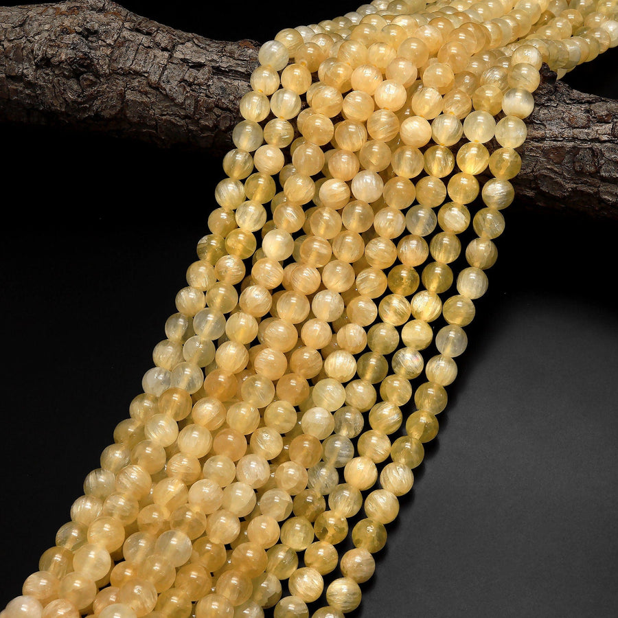 Rare Chatoyant Natural Honey Yellow Calcite Round Beads 4mm 6mm 8mm 10mm Flashy Fiber 15.5" Strand