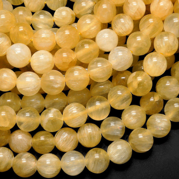 Rare Chatoyant Natural Honey Yellow Calcite Round Beads 4mm 6mm 8mm 10mm Flashy Fiber 15.5" Strand