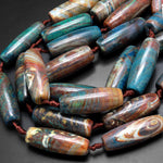 Large Aqua Terra Agate Barrel Drum Cylinder Tube 40mm Beads Antique Boho Beads 15.5" Strand