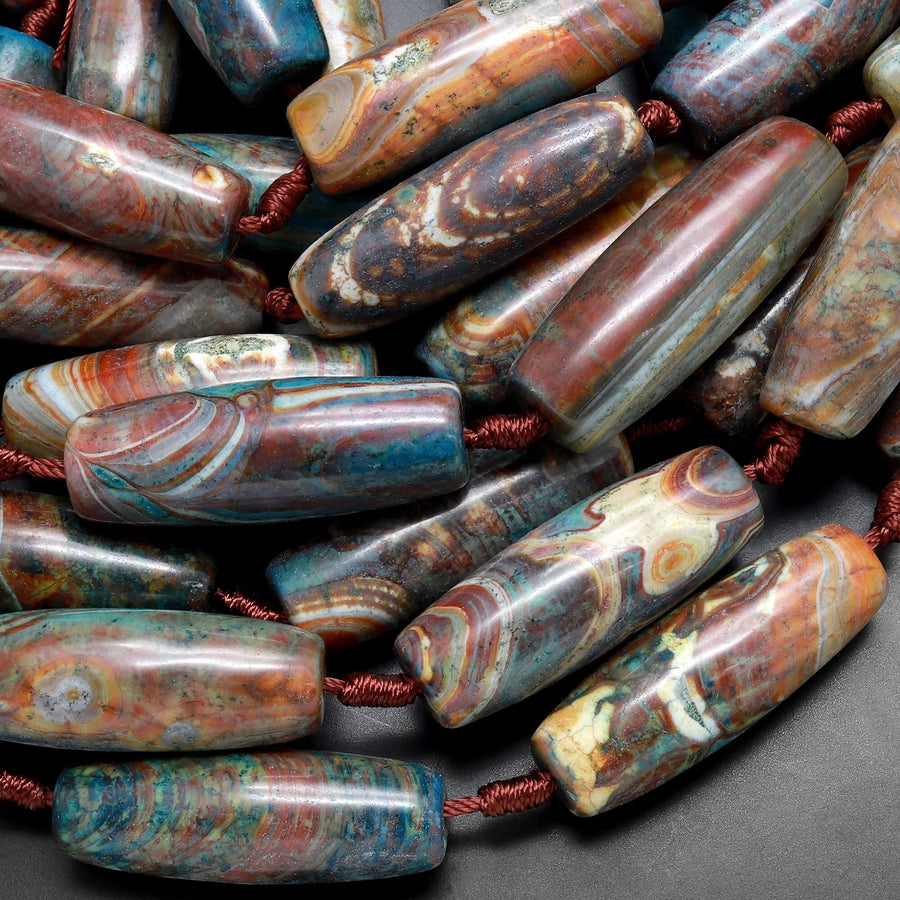 Large Aqua Terra Agate Barrel Drum Cylinder Tube 40mm Beads Antique Boho Beads 15.5" Strand
