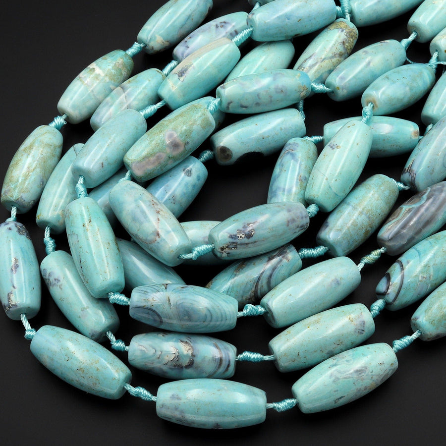 Large Aqua Blue Terra Agate Barrel Drum Cylinder Tube 40mm Beads Antique Boho Beads 15.5" Strand