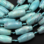 Large Aqua Blue Terra Agate Barrel Drum Cylinder Tube 40mm Beads Antique Boho Beads 15.5" Strand