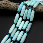 Long Aqua Blue Terra Agate Barrel Drum Cylinder Tube 40mm Beads Antique Boho Beads 15.5" Strand