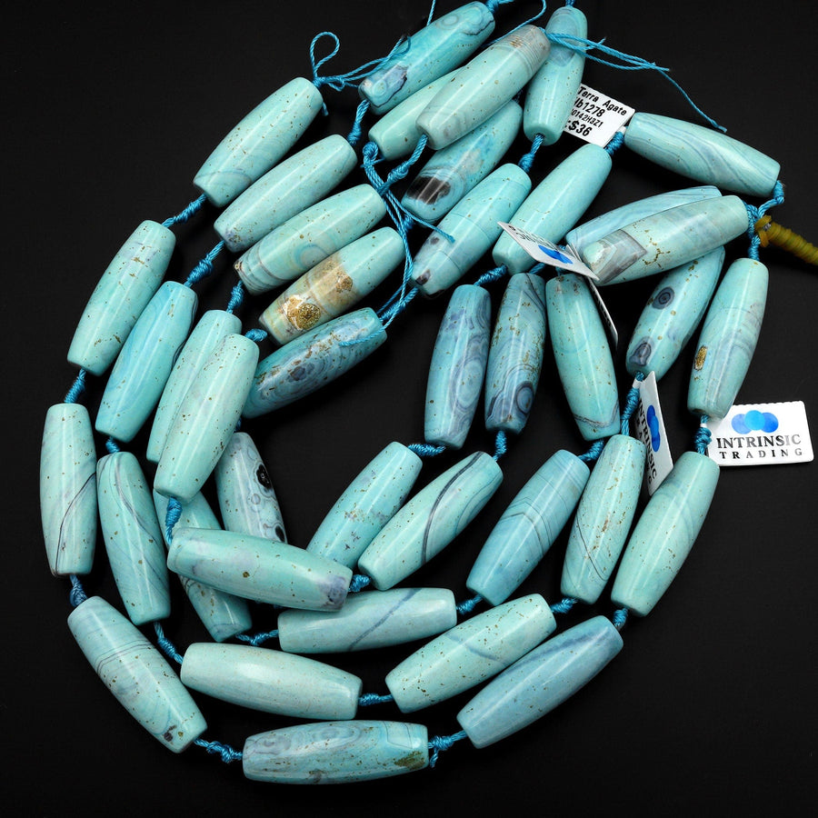 Long Aqua Blue Terra Agate Barrel Drum Cylinder Tube 40mm Beads Antique Boho Beads 15.5" Strand