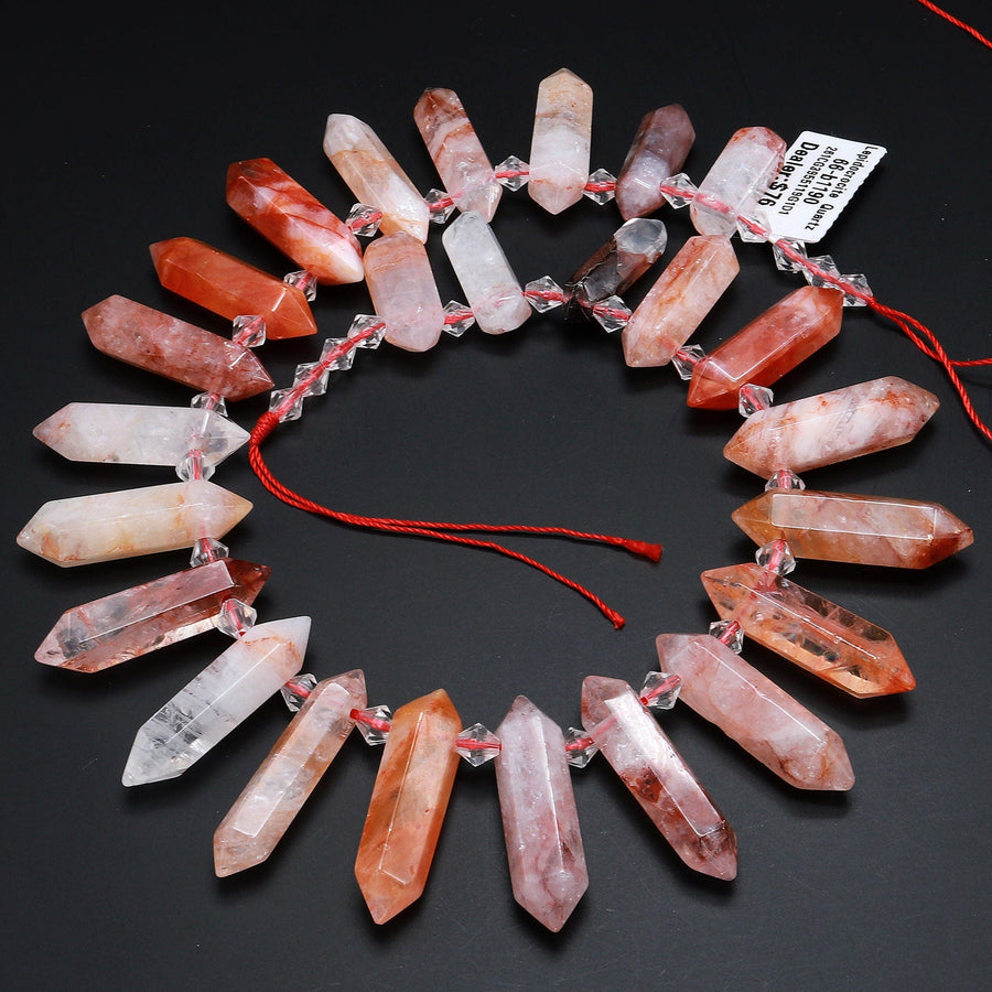 Natural Golden Red Lepidocrocite Quartz Beads Double Terminated Points Top Side Drilled Crystal Focal Pendant 15" Strand