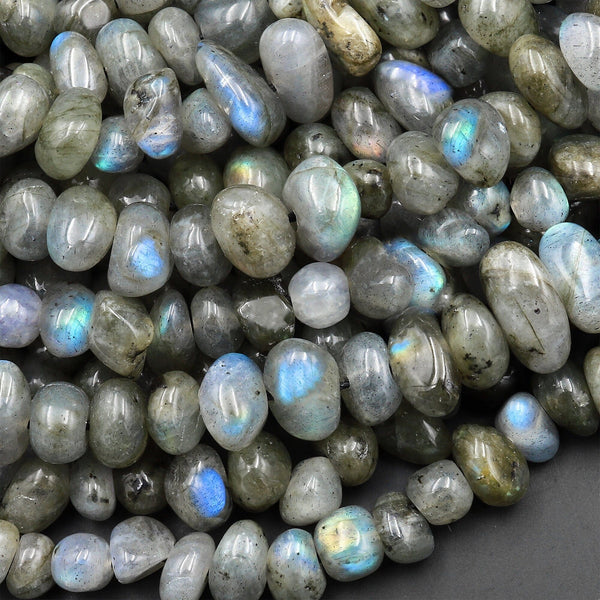 Natural Black Labradorite Freeform Rounded Pebble Nugget Beads Center Drilled 15.5" Strand