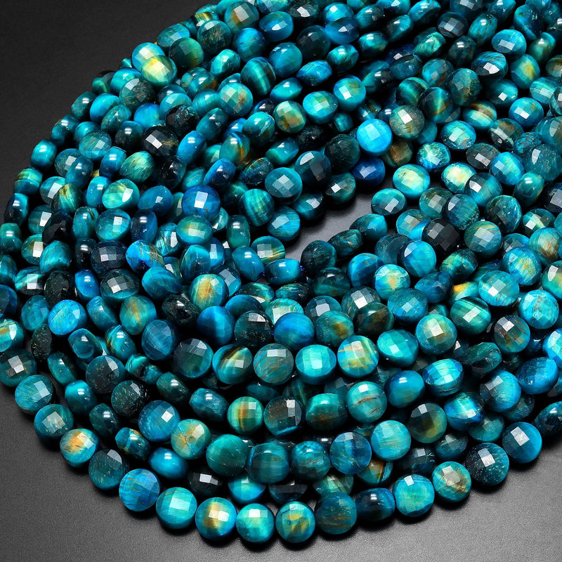 AAA Mystic Blue Tiger's Eye 6mm 8mm 10mm Faceted Coin Beads 15.5" Strand
