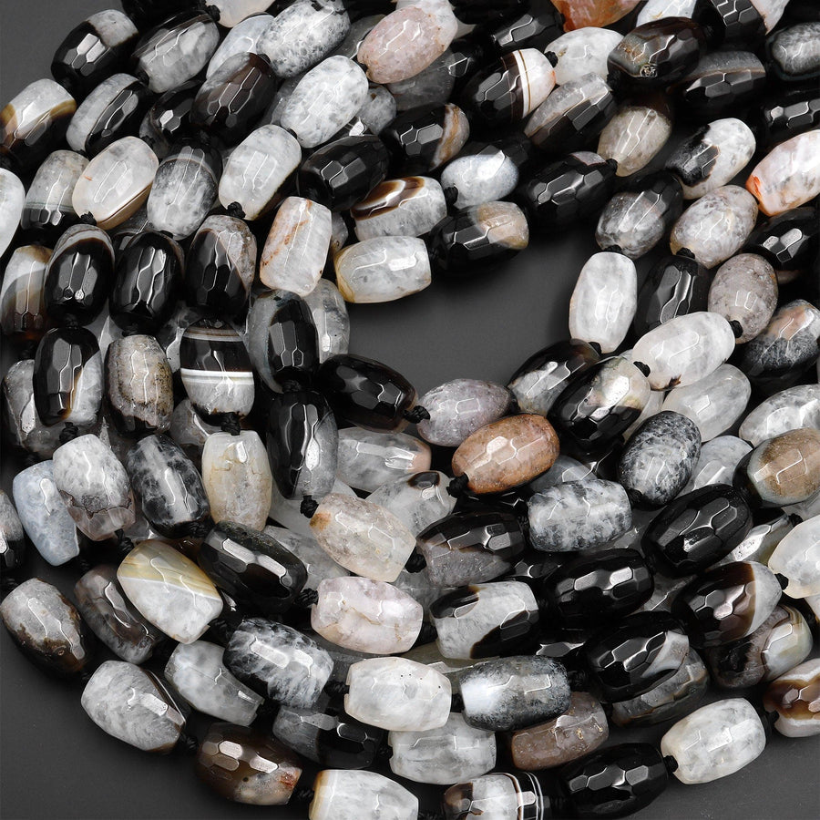 Faceted Natural Tuxedo Agate Druzy Barrel Drum Cylinder Beads 14mm 15.5" Strand