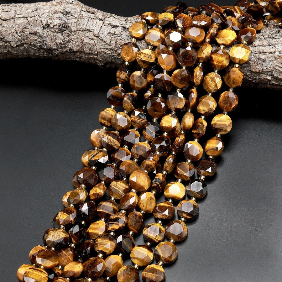 AAA Faceted Natural Golden Brown Tiger's Eye 12mm Coin Beads Gemstone 15.5" Strand