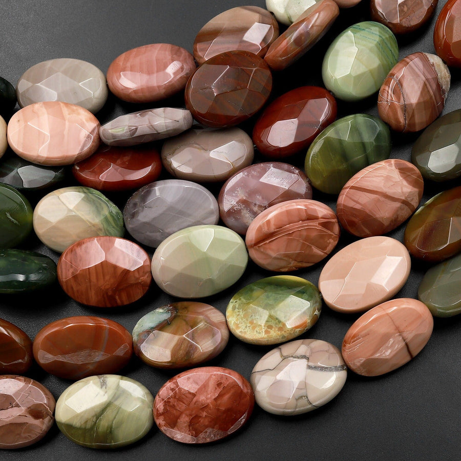 AAA Faceted Natural Mexican Imperial Jasper Flat Oval Beads 15.5" Strand