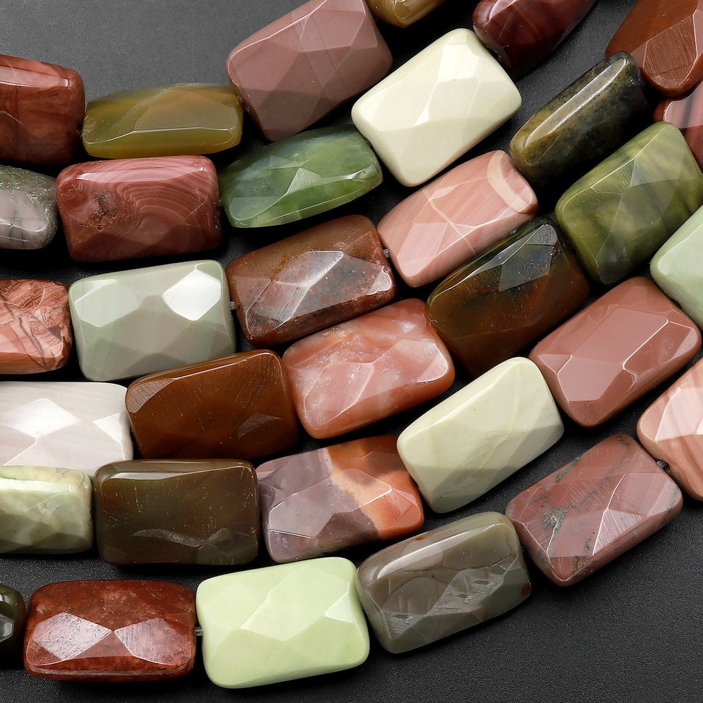 AAA Faceted Natural Mexican Imperial Jasper Flat Rectangle Beads 12mm 15.5" Strand