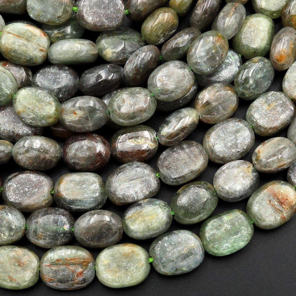 Natural Green Kyanite Oval Beads Chatoyant Silvery Green Gemstone 15.5" Strand