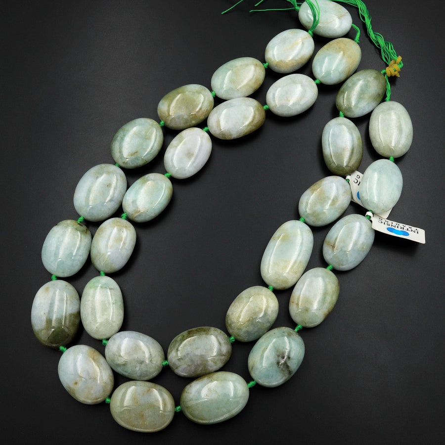 AAA Large Natural Burmese Jade Puffy Thick Oval Beads Real Genuine Natural Green Burma Jade Gemstone 18" Strand