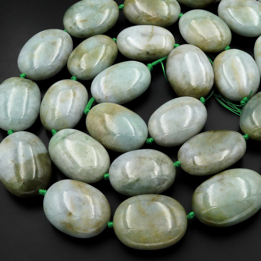 AAA Large Natural Burmese Jade Puffy Thick Oval Beads Real Genuine Natural Green Burma Jade Gemstone 18" Strand