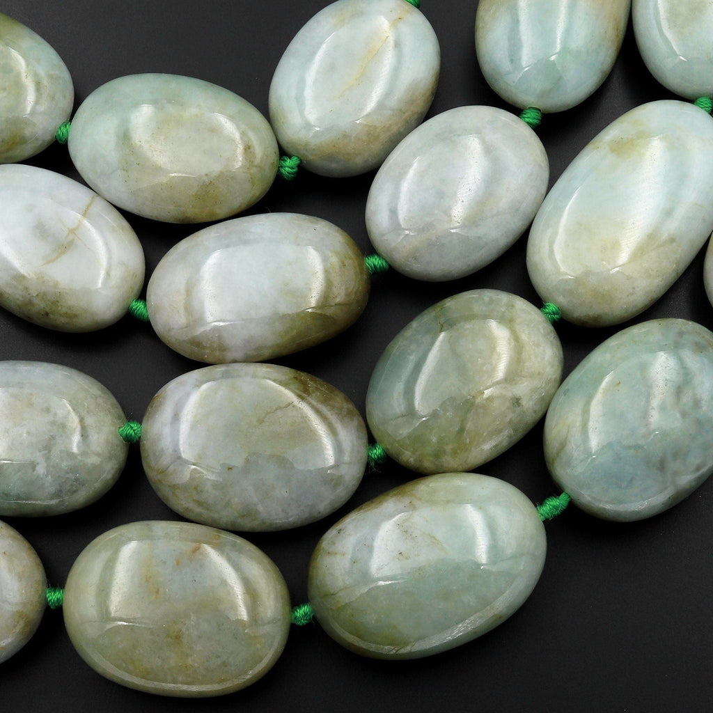 AAA Large Natural Burmese Jade Puffy Thick Oval Beads Real Genuine Natural Green Burma Jade Gemstone 18" Strand