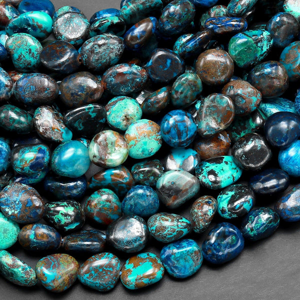 Natural Shattuckite Freeform Oval Pebble Nugget Beads Blue Azurite Malachite Chrysocolla Gemstone From Congo 15.5" Strand