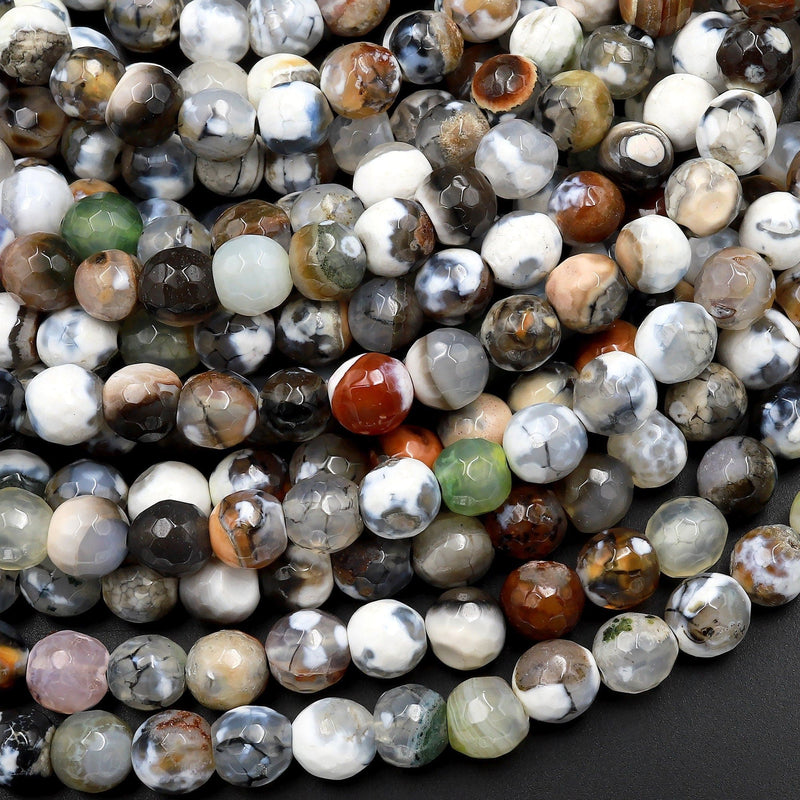 Faceted Multicolor Tibetan Gray Green Brown Fire Agate 6mm 8mm Round Beads 15" Strand