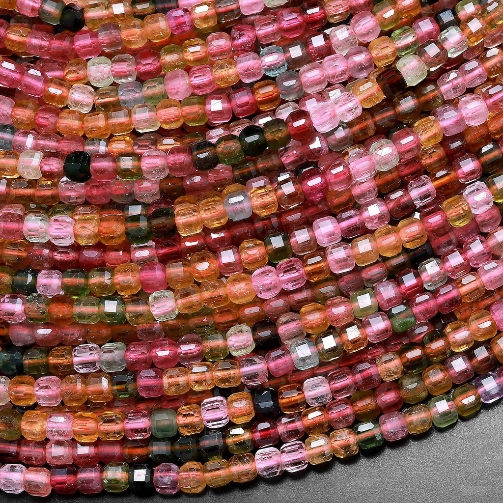 AAA Natural Multicolor Pink Cognac Tourmaline Facetet 3mm Cube Square Dice Beads Gemstone 15.5" Strand