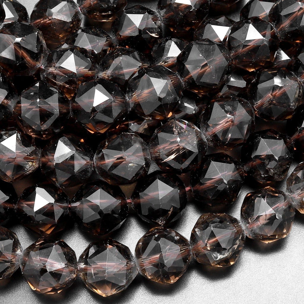 Large Genuine Natural Smoky Quartz Beads Faceted 12mm Round Gemstone New Double Hearted Star Cut 15.5" Strand