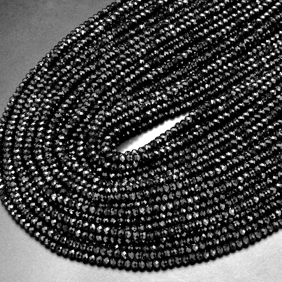 AAA Natural Black Spinel Faceted 3mm Gemstone Rondelle Beads Micro Faceted Laser Diamond Cut 15.5" Strand