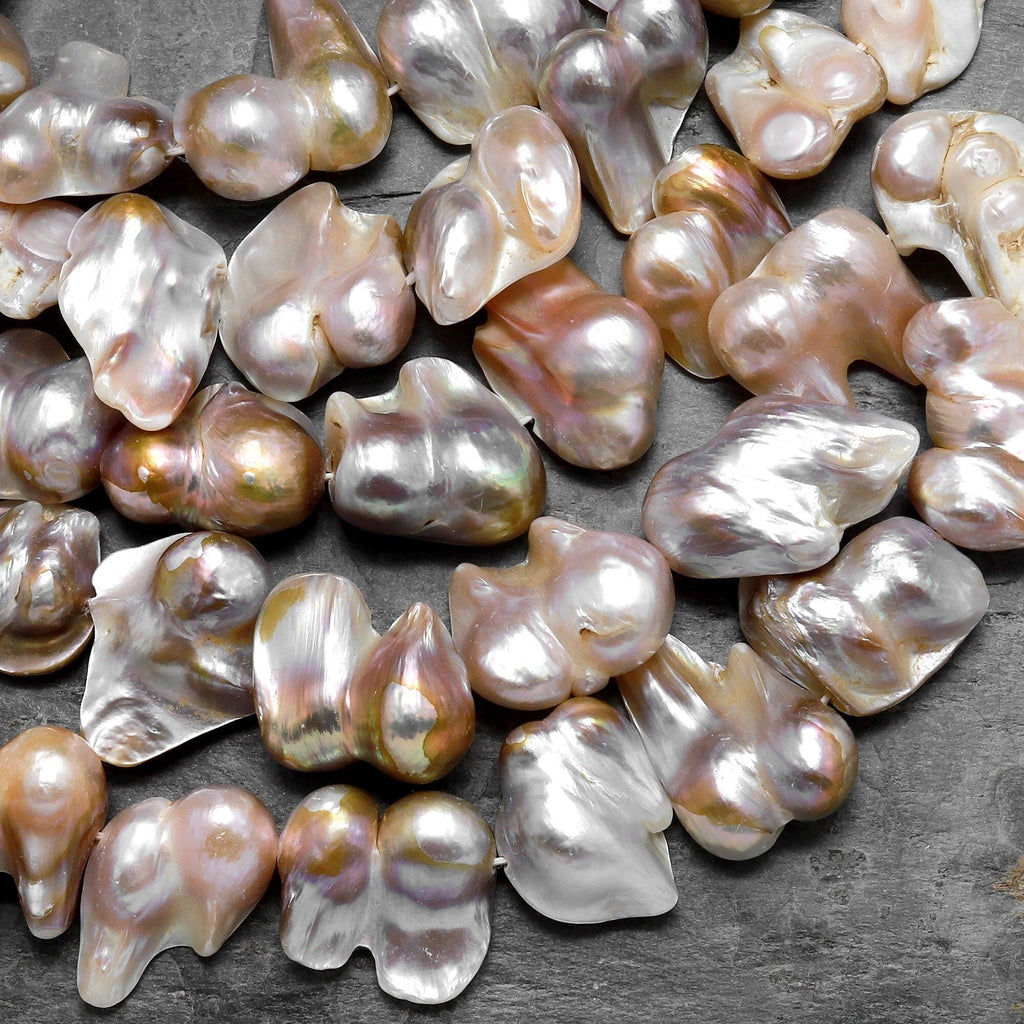 Large Genuine Freshwater Blister Pearl Freeform Center Side Drilled Shimmery Iridescent Golden Champagne Taupe Pearl 15.5" Strand