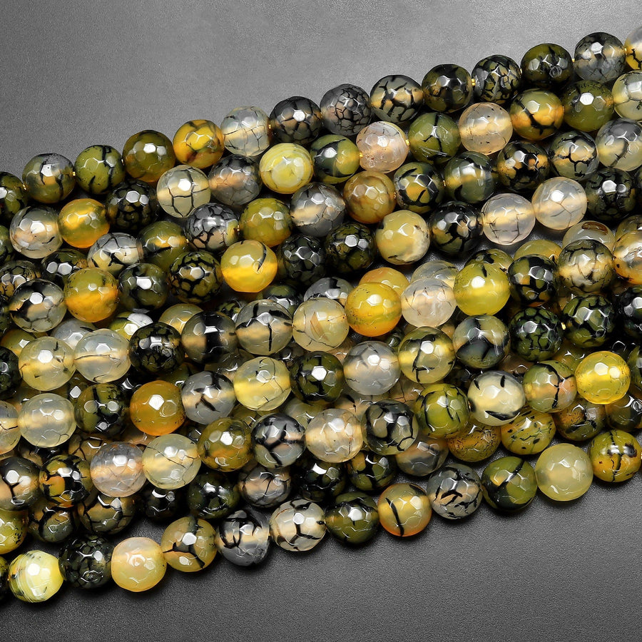 Faceted Lemon Yellow Green Black Dragon Vein Agate Beads 8mm Round Cracked Fire Agate 15.5" Strand