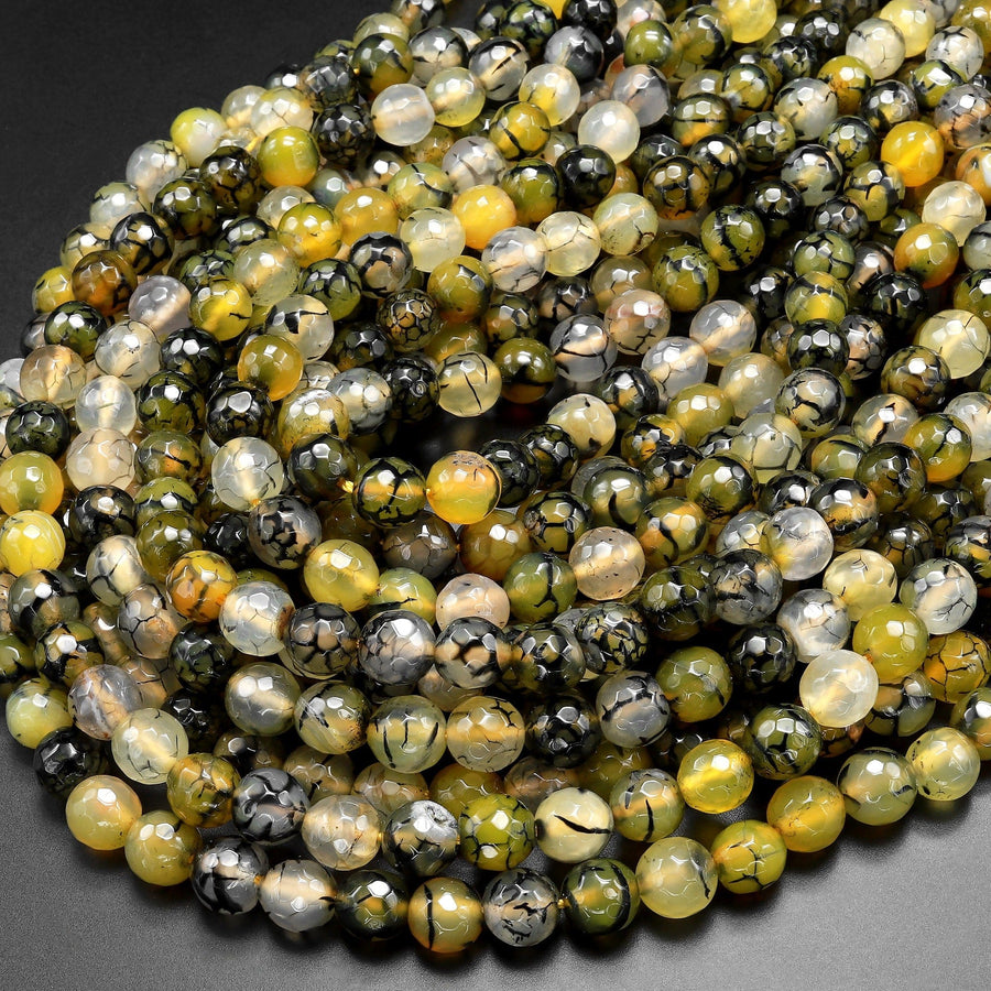 Faceted Lemon Yellow Green Black Dragon Vein Agate Beads 8mm Round Cracked Fire Agate 15.5" Strand