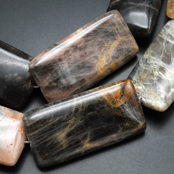 Large Natural Black Gray Peach Moonstone Long Rectangle Gemstone Beads 15.5" Strand