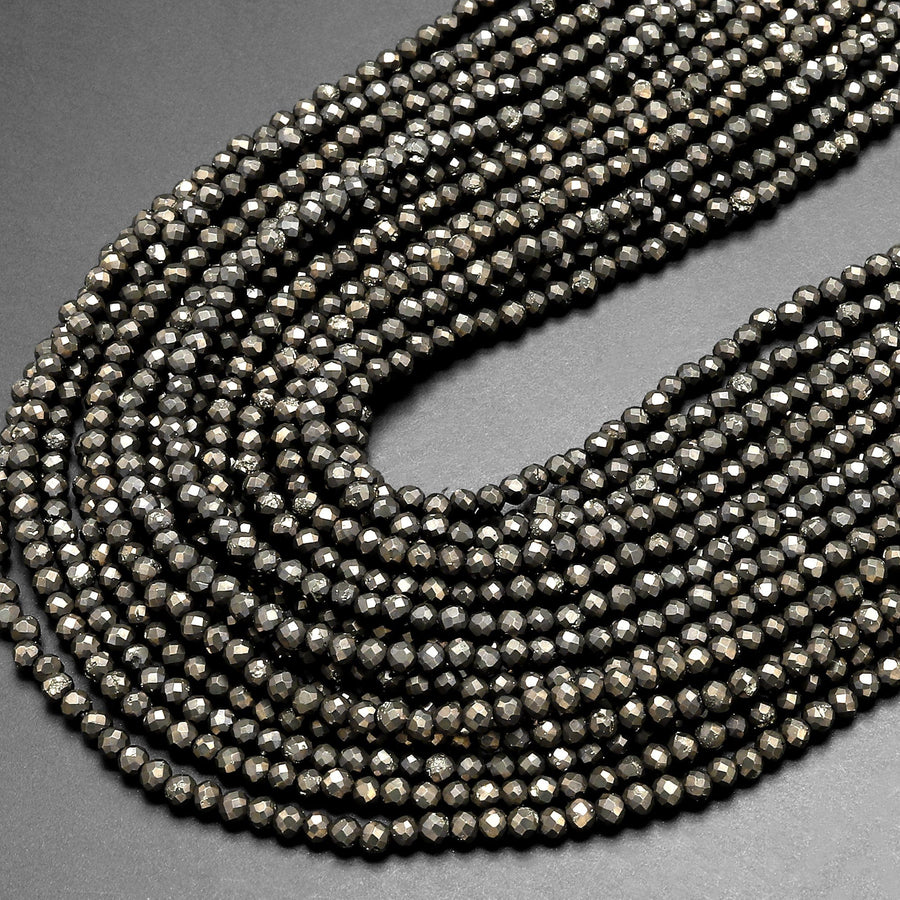 Micro Faceted Tiny Small Natural Iron Pyrite Faceted 2mm Round Beads Diamond Cut Gemstone 15.5" Strand